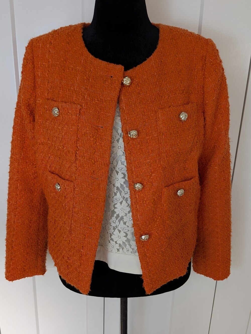 Rachel Zoe Womens Orange Lined gold Button Front tweed Jacket  Long Sleeve Sz L